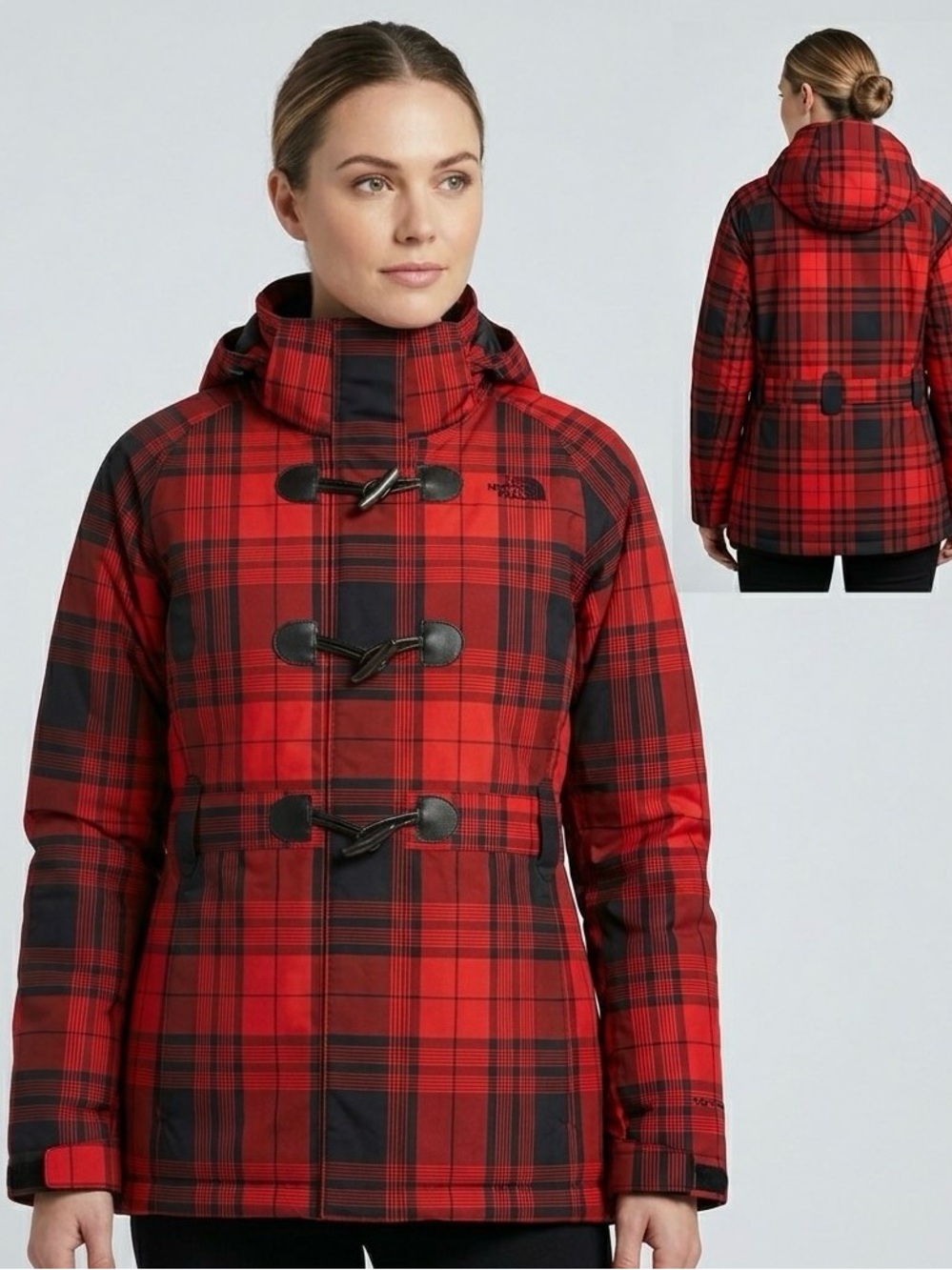 The North Face Women's Red & Black Plaid Hooded Toggle Ski Jacket